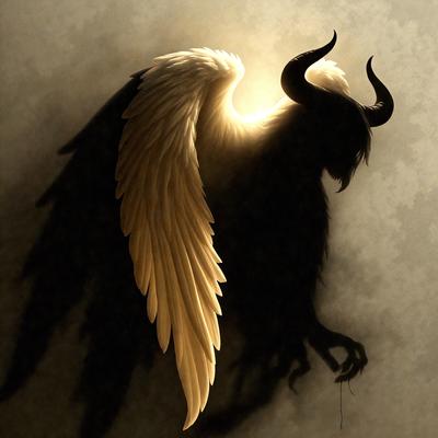 The primary subject of the image is a winged creature, possibly a demon or a mythical beast, with horns and a long tail. The setting is a dark, shadowy environment, with the winged creature standing in the foreground. The visual style is a combination of digital art and illustration, creating a dramatic and intense atmosphere. The dominant colors are dark shades, with the winged creature being the main focus of the image.
